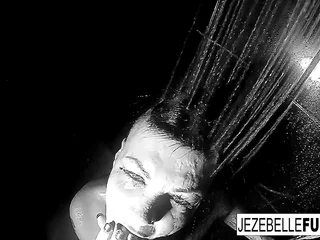 Brunette mollycoddle Jezebelle gets steamy beside the shower